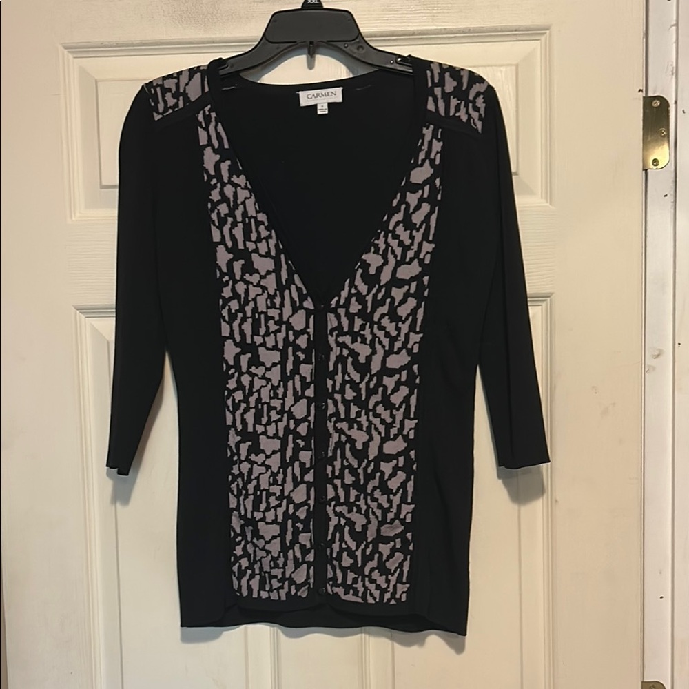 Carmen Marc Valvo Black and Gray Cardigan Top Size Small